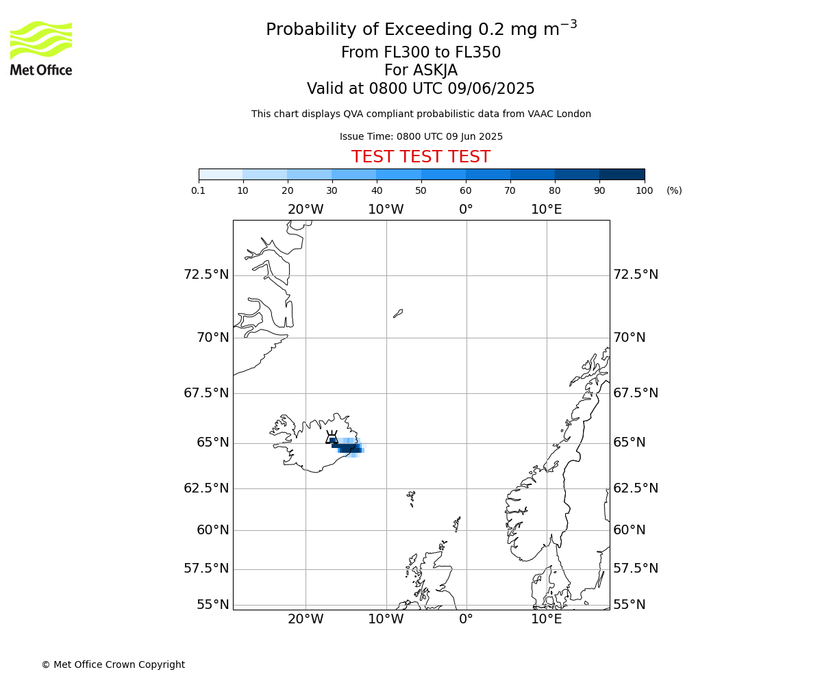 Probability of exceeding 0.2 milligrams per metre cubed. From 300 to 350 for ASKJA. Valid at 0800 UTC 09/06/2025