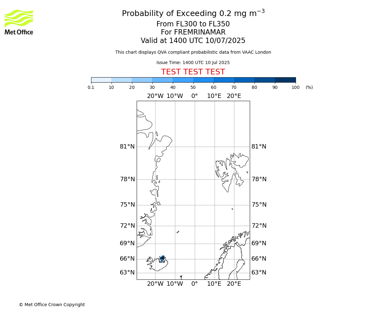 Probability of exceeding 0.2 milligrams per metre cubed. From 300 to 350 for FREMRINAMAR. Valid at 1400 UTC 10/07/2025