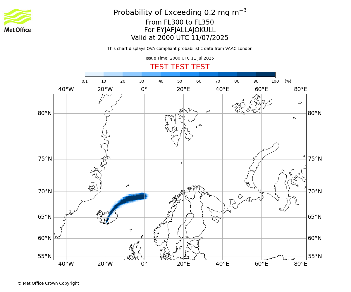 Probability of exceeding 0.2 milligrams per metre cubed. From 300 to 350 for EYJAFJALLAJOKULL. Valid at 2000 UTC 11/07/2025