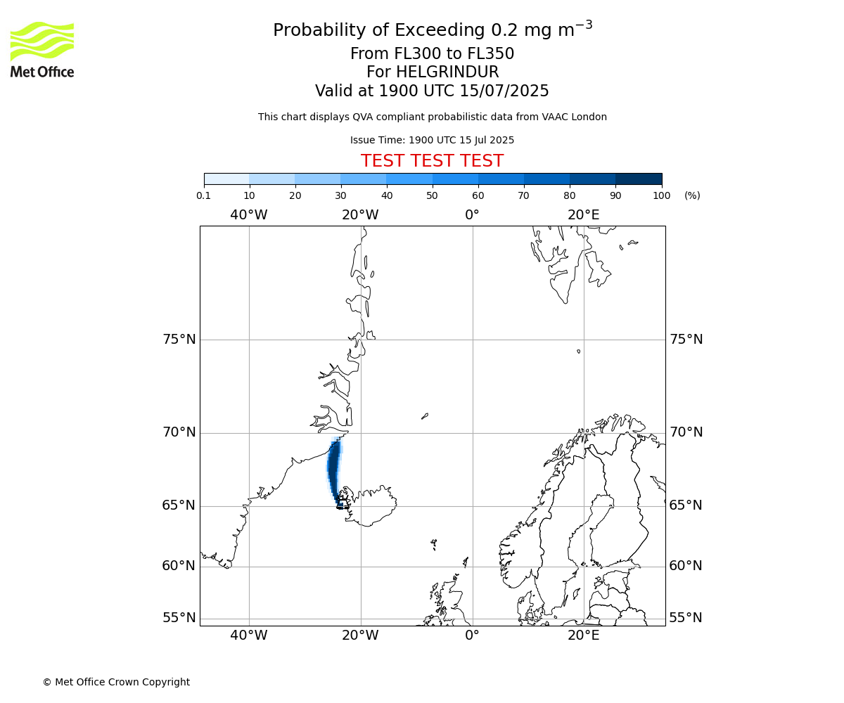 Probability of exceeding 0.2 milligrams per metre cubed. From 300 to 350 for HELGRINDUR. Valid at 1900 UTC 15/07/2025