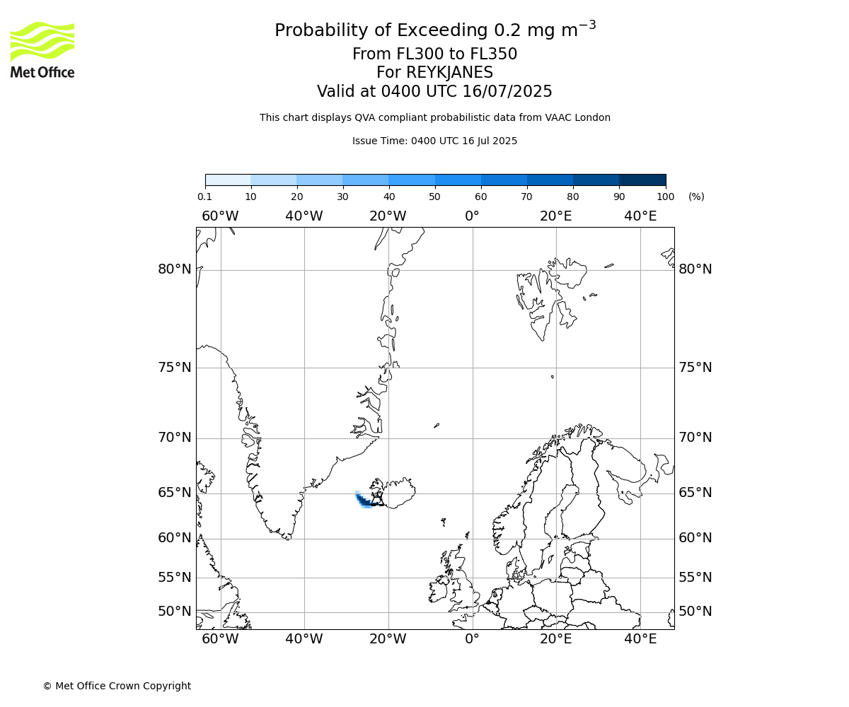 Probability of exceeding 0.2 milligrams per metre cubed. From 300 to 350 for REYKJANES. Valid at 0400 UTC 16/07/2025