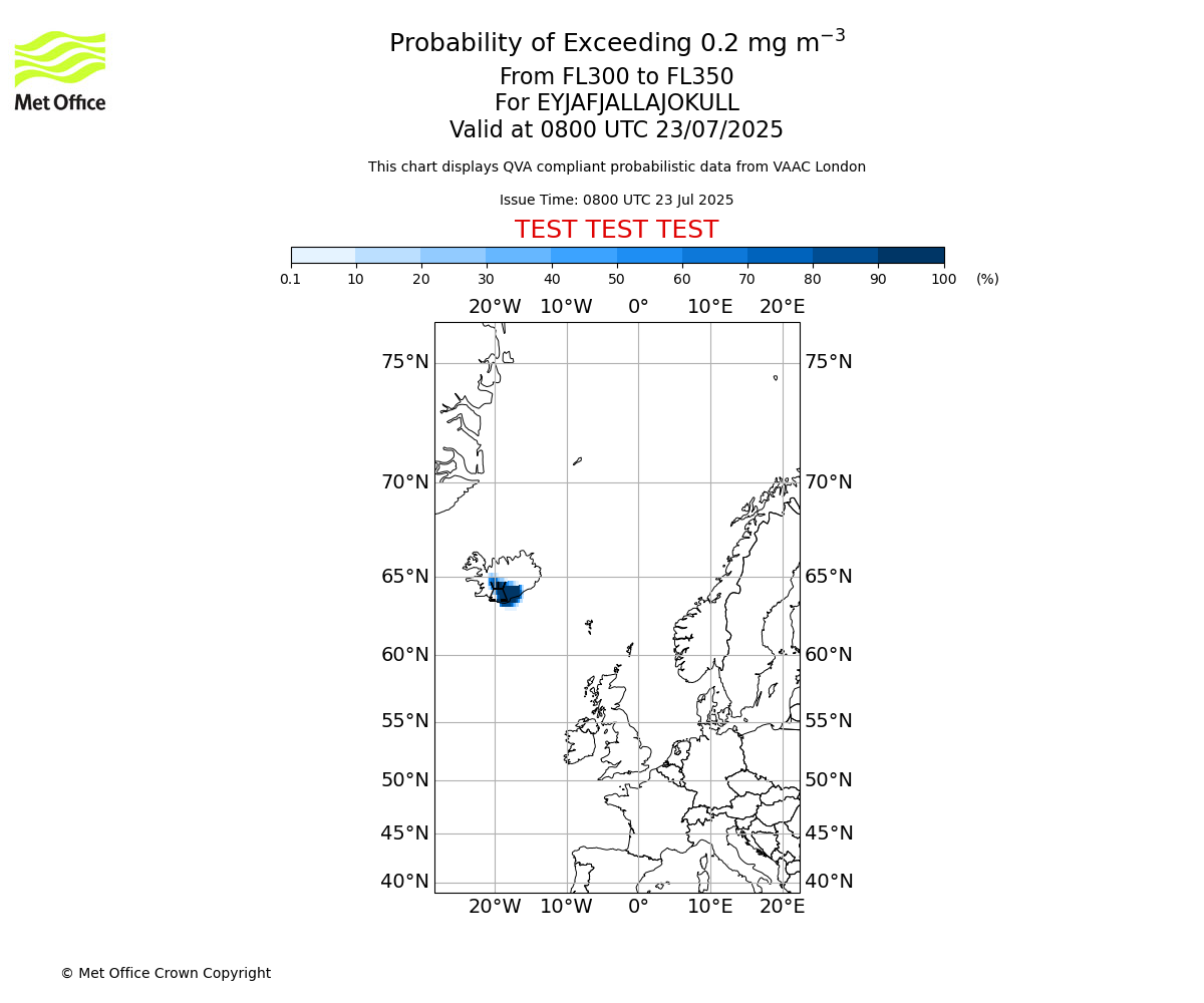 Probability of exceeding 0.2 milligrams per metre cubed. From 300 to 350 for EYJAFJALLAJOKULL. Valid at 0800 UTC 23/07/2025