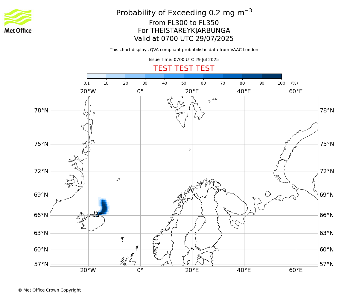 Probability of exceeding 0.2 milligrams per metre cubed. From 300 to 350 for THEISTAREYKJARBUNGA. Valid at 0700 UTC 29/07/2025