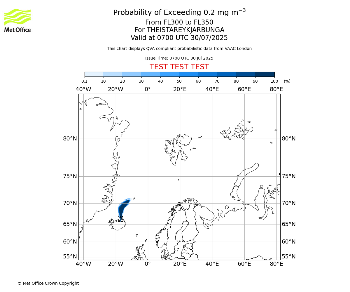 Probability of exceeding 0.2 milligrams per metre cubed. From 300 to 350 for THEISTAREYKJARBUNGA. Valid at 0700 UTC 30/07/2025