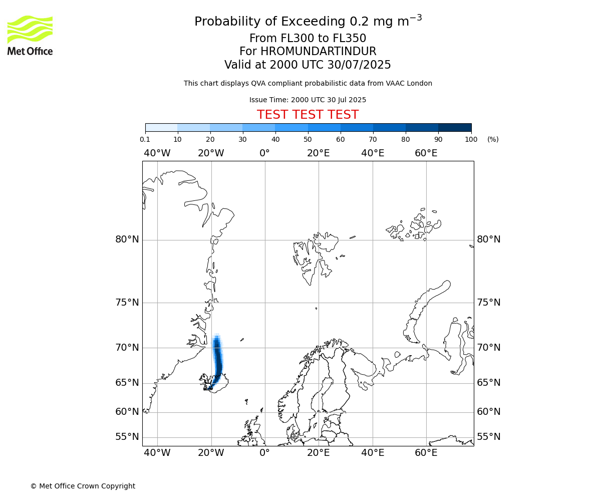 Probability of exceeding 0.2 milligrams per metre cubed. From 300 to 350 for HROMUNDARTINDUR. Valid at 2000 UTC 30/07/2025
