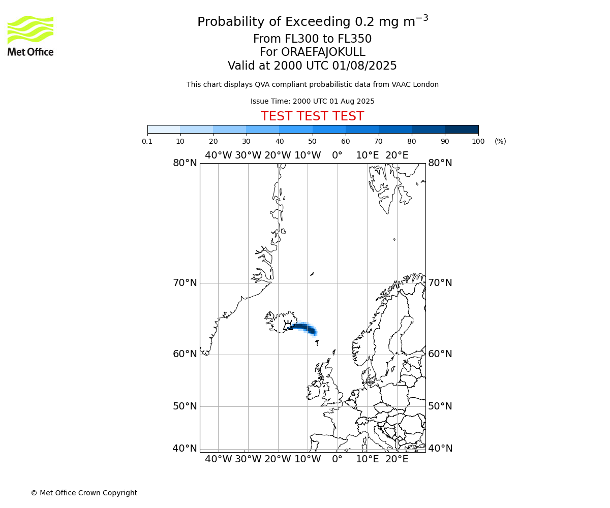 Probability of exceeding 0.2 milligrams per metre cubed. From 300 to 350 for ORAEFAJOKULL. Valid at 2000 UTC 01/08/2025