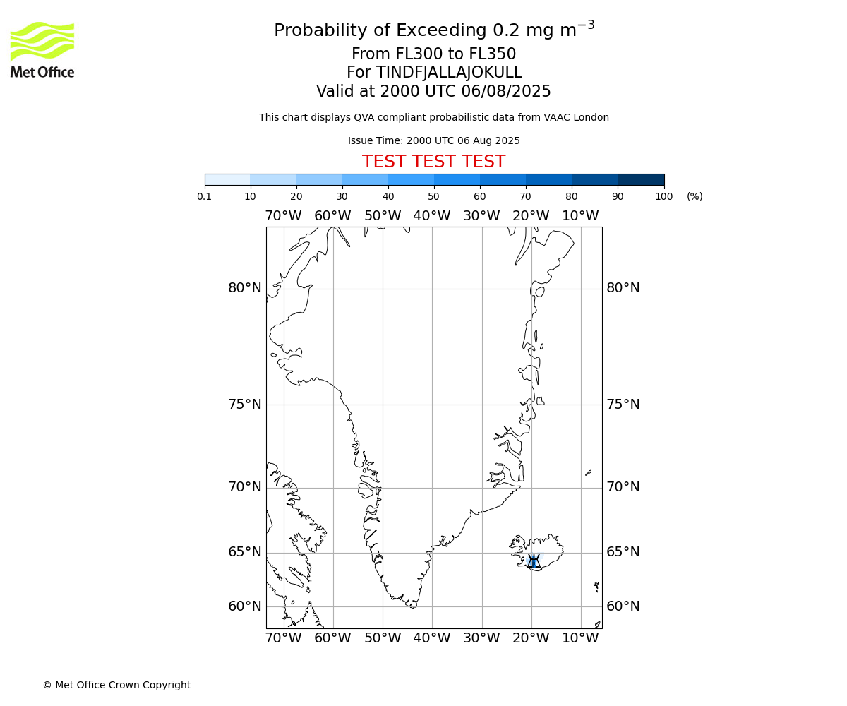Probability of exceeding 0.2 milligrams per metre cubed. From 300 to 350 for TINDFJALLAJOKULL. Valid at 2000 UTC 06/08/2025
