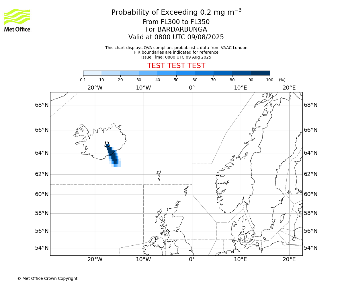Probability of exceeding 0.2 milligrams per metre cubed. From 300 to 350 for BARDARBUNGA. Valid at 0800 UTC 09/08/2025