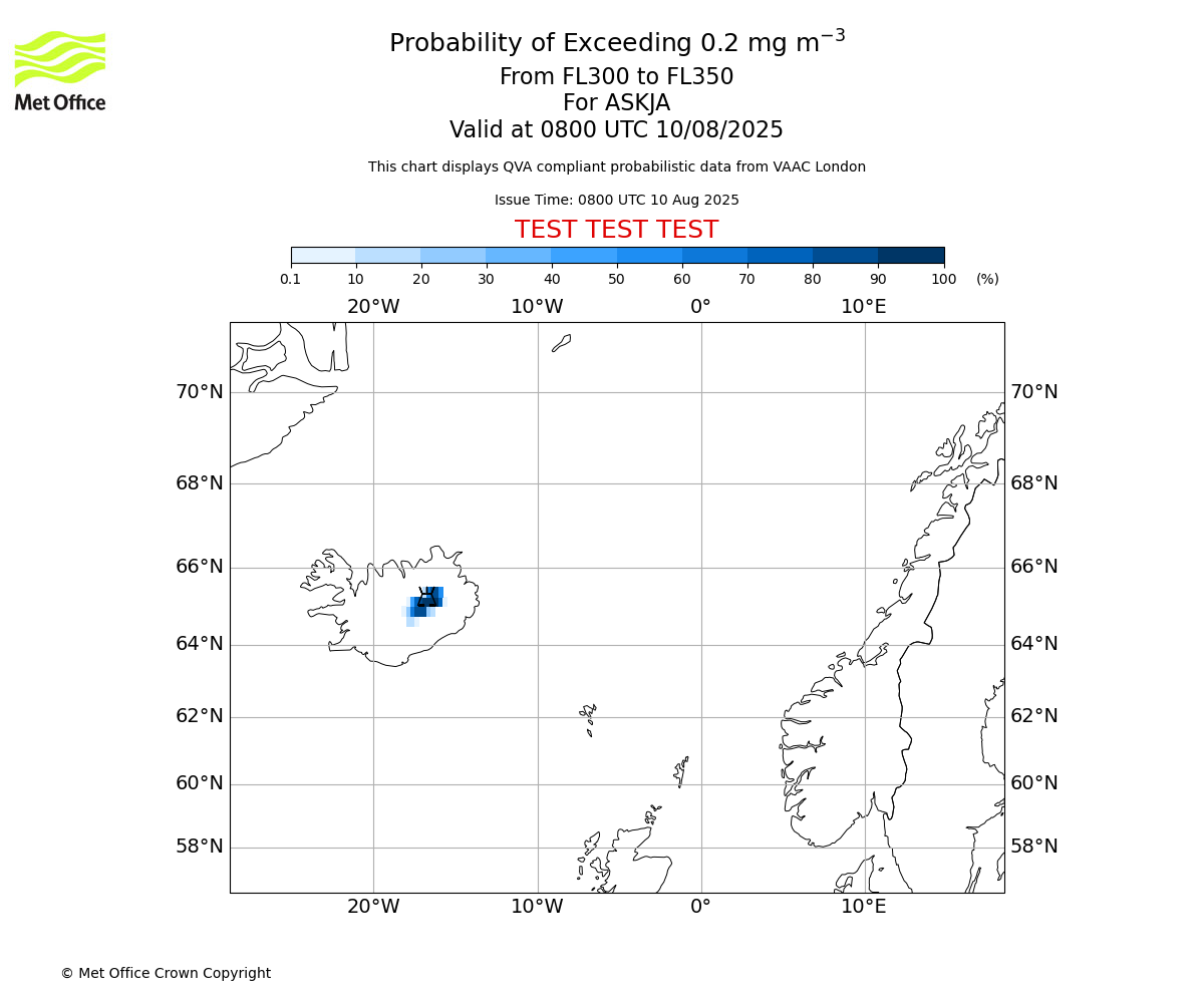 Probability of exceeding 0.2 milligrams per metre cubed. From 300 to 350 for ASKJA. Valid at 0800 UTC 10/08/2025