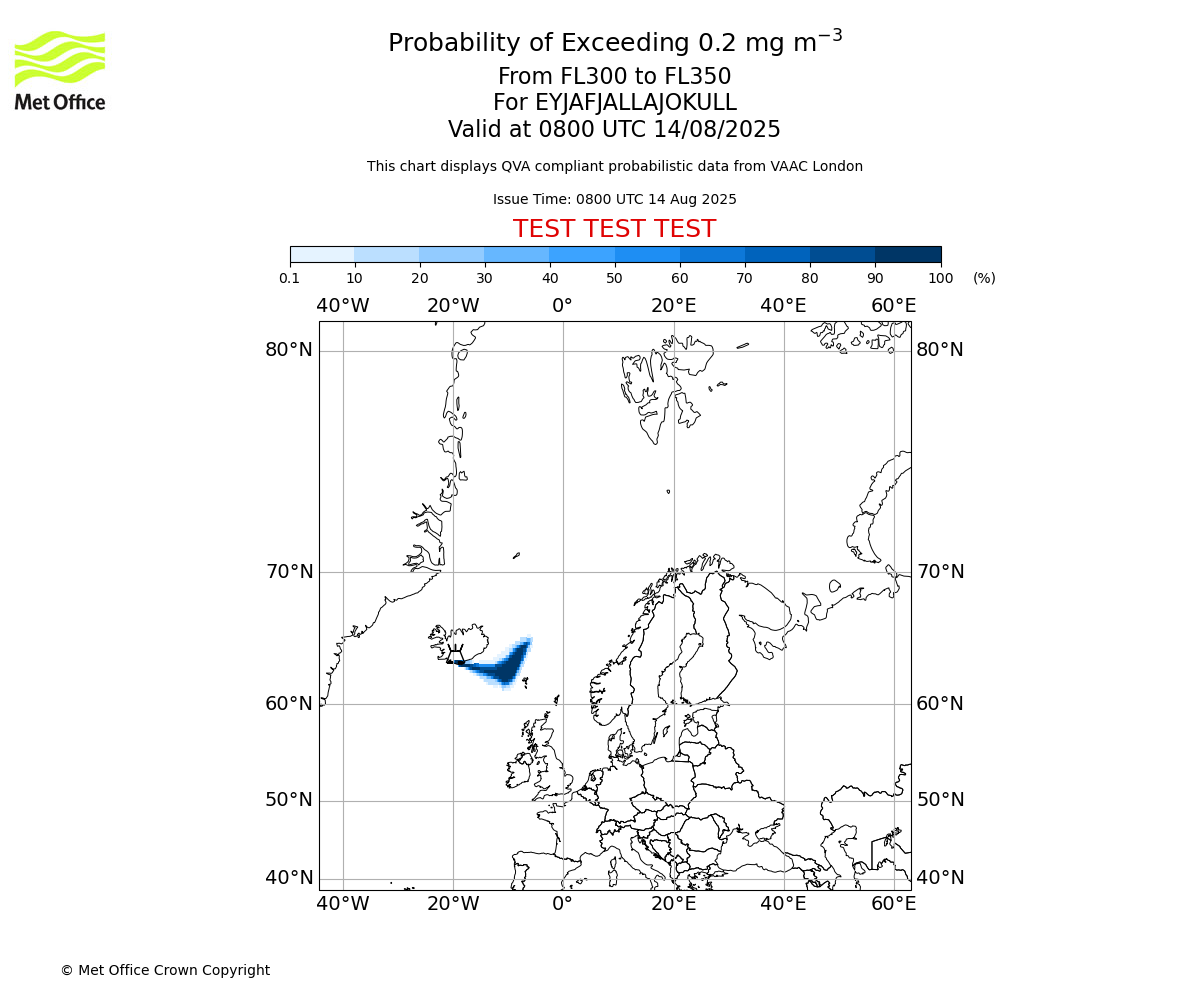 Probability of exceeding 0.2 milligrams per metre cubed. From 300 to 350 for EYJAFJALLAJOKULL. Valid at 0800 UTC 14/08/2025