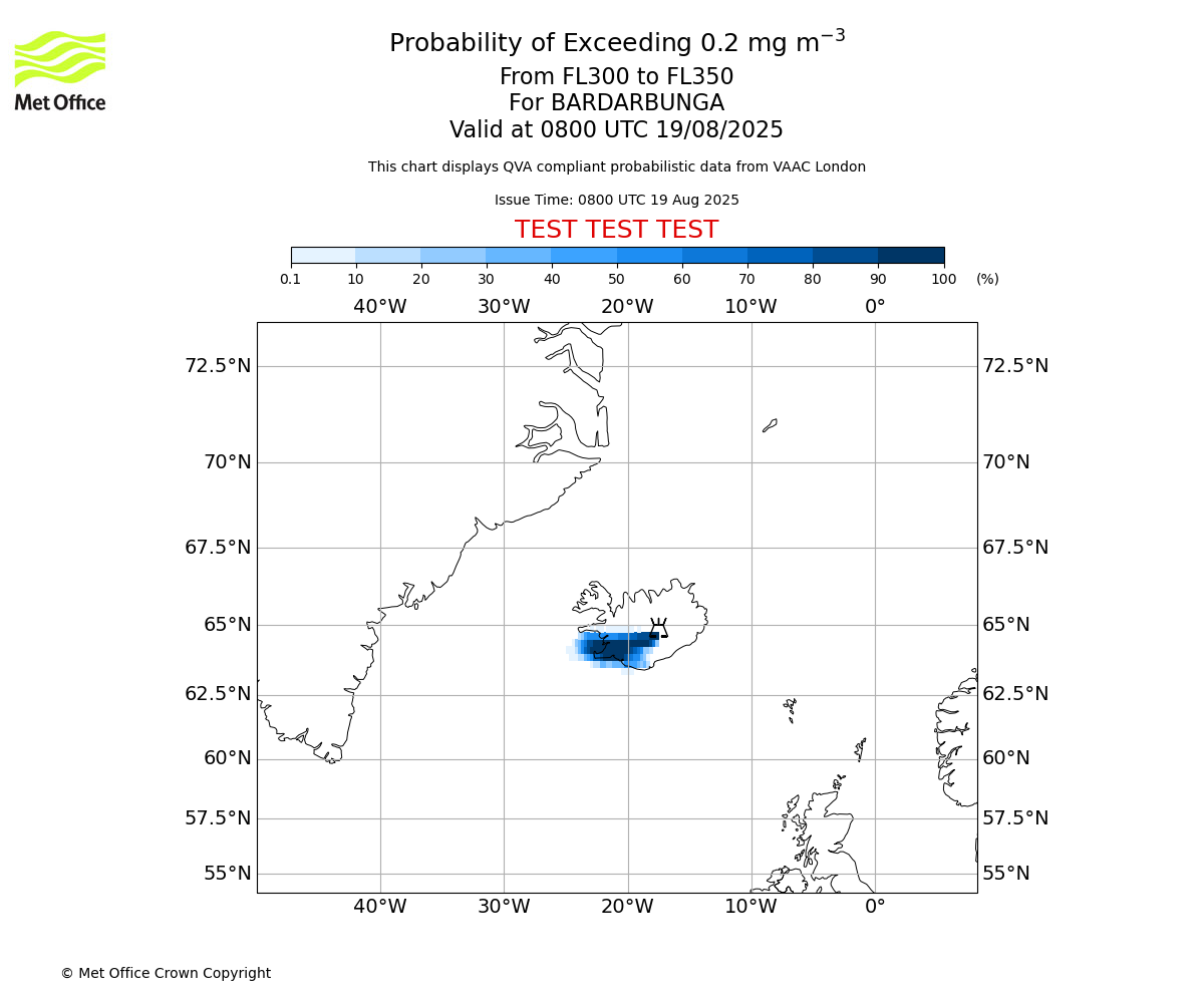 Probability of exceeding 0.2 milligrams per metre cubed. From 300 to 350 for BARDARBUNGA. Valid at 0800 UTC 19/08/2025