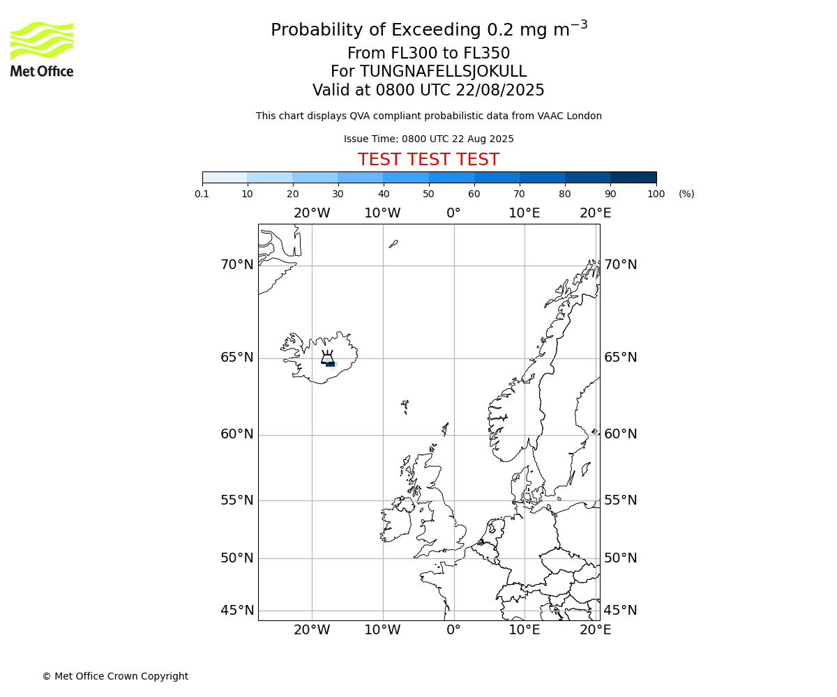 Probability of exceeding 0.2 milligrams per metre cubed. From 300 to 350 for TUNGNAFELLSJOKULL. Valid at 0800 UTC 22/08/2025