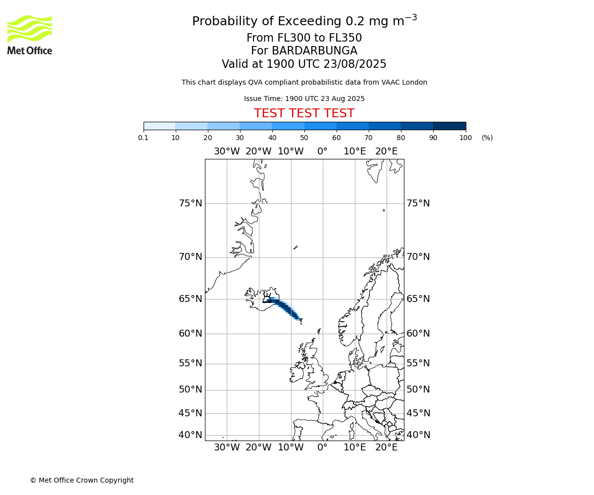 Probability of exceeding 0.2 milligrams per metre cubed. From 300 to 350 for BARDARBUNGA. Valid at 1900 UTC 23/08/2025