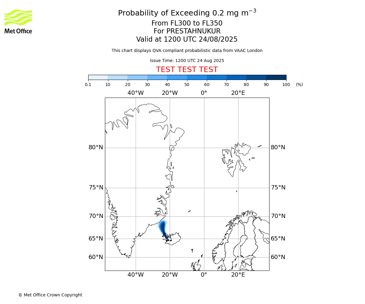 Probability of exceeding 0.2 milligrams per metre cubed. From 300 to 350 for PRESTAHNUKUR. Valid at 1200 UTC 24/08/2025