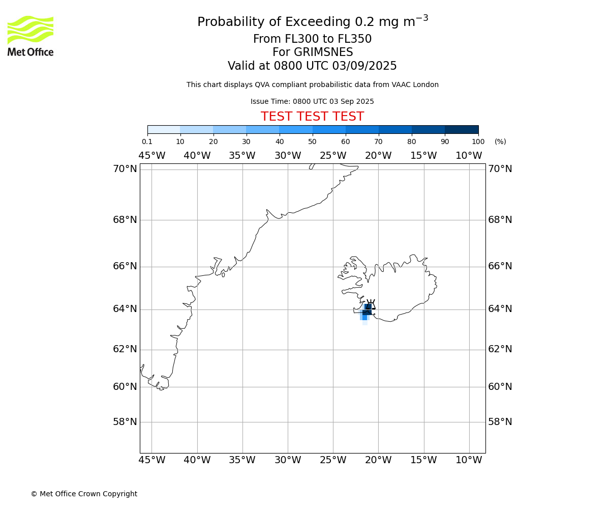 Probability of exceeding 0.2 milligrams per metre cubed. From 300 to 350 for GRIMSNES. Valid at 0800 UTC 03/09/2025