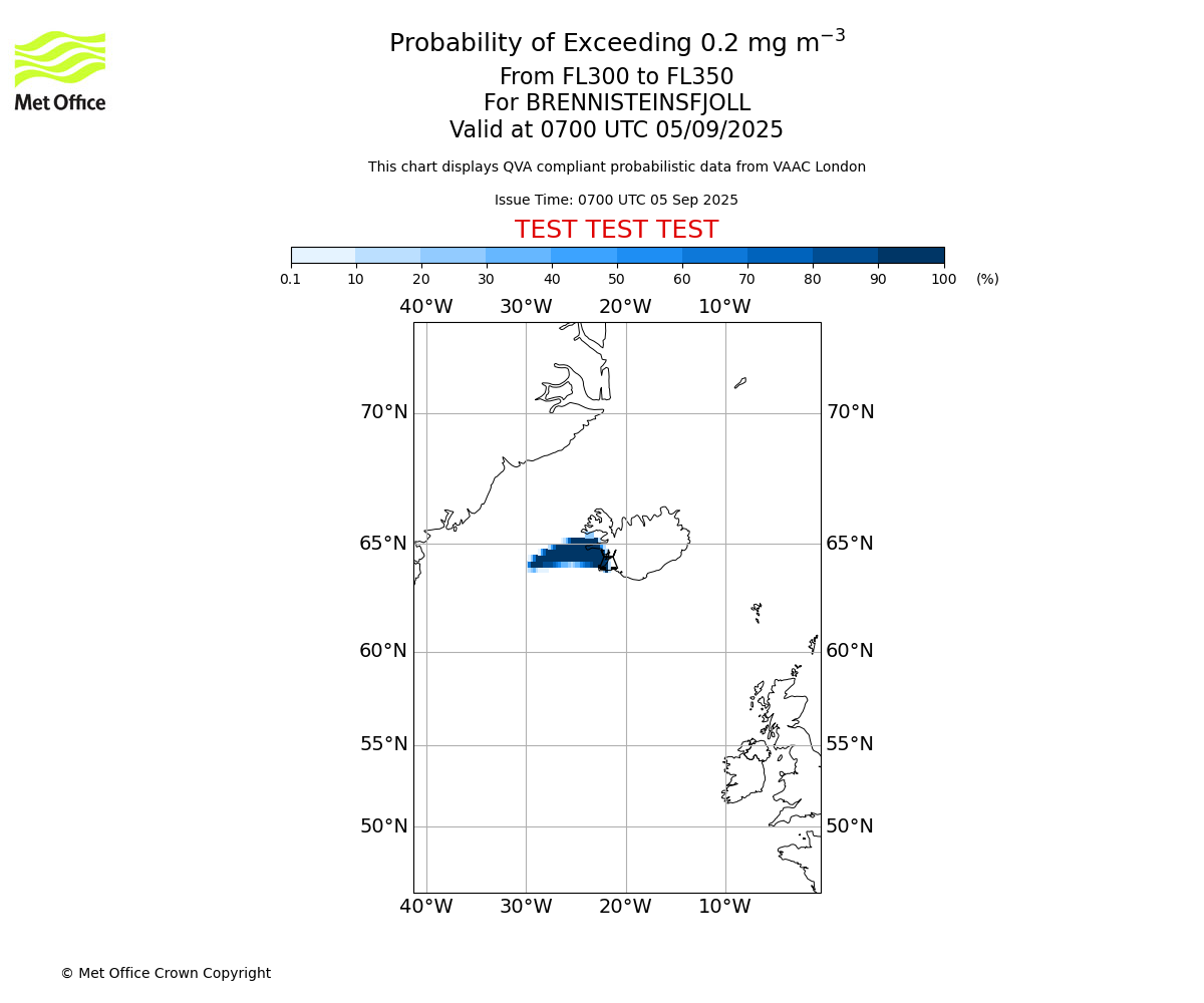 Probability of exceeding 0.2 milligrams per metre cubed. From 300 to 350 for BRENNISTEINSFJOLL. Valid at 0700 UTC 05/09/2025