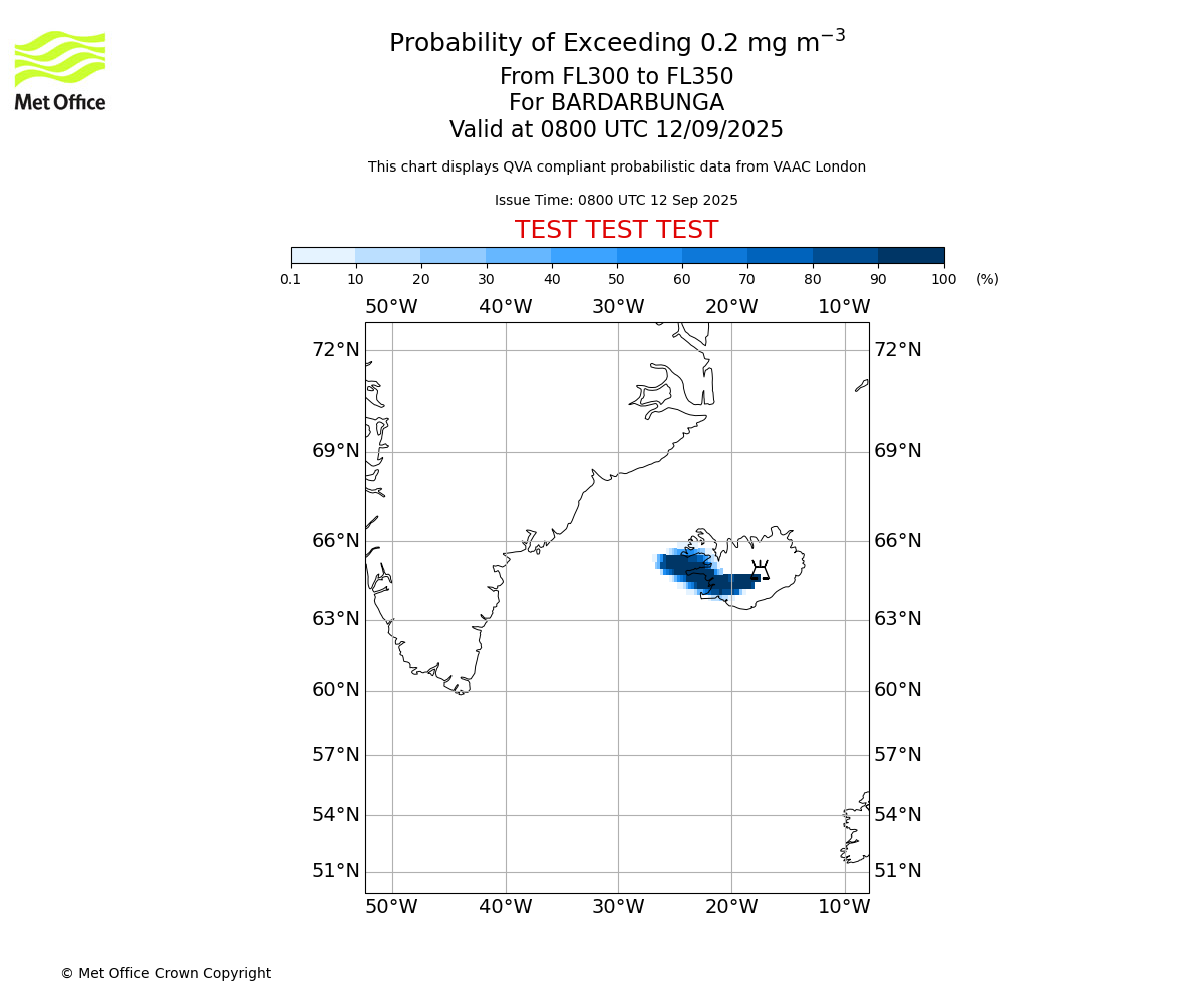 Probability of exceeding 0.2 milligrams per metre cubed. From 300 to 350 for BARDARBUNGA. Valid at 0800 UTC 12/09/2025