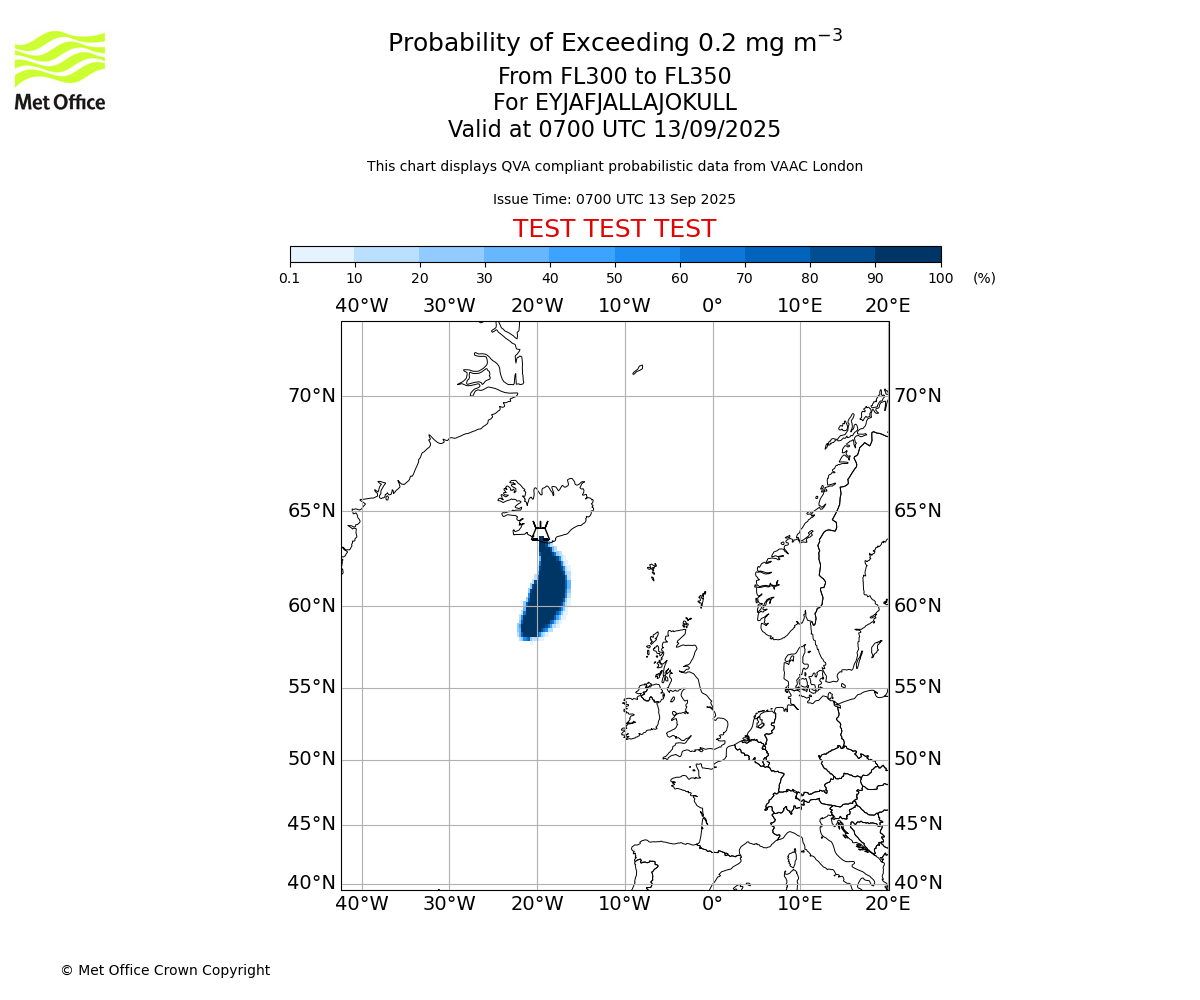 Probability of exceeding 0.2 milligrams per metre cubed. From 300 to 350 for EYJAFJALLAJOKULL. Valid at 0700 UTC 13/09/2025
