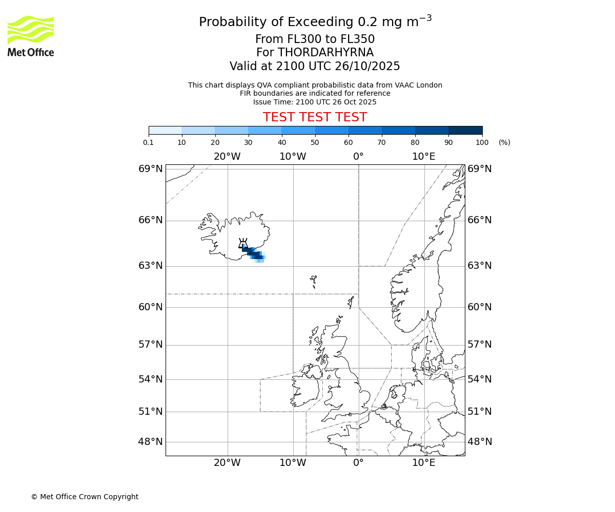 Probability of exceeding 0.2 milligrams per metre cubed. From 300 to 350 for THORDARHYRNA. Valid at 2100 UTC 26/10/2025