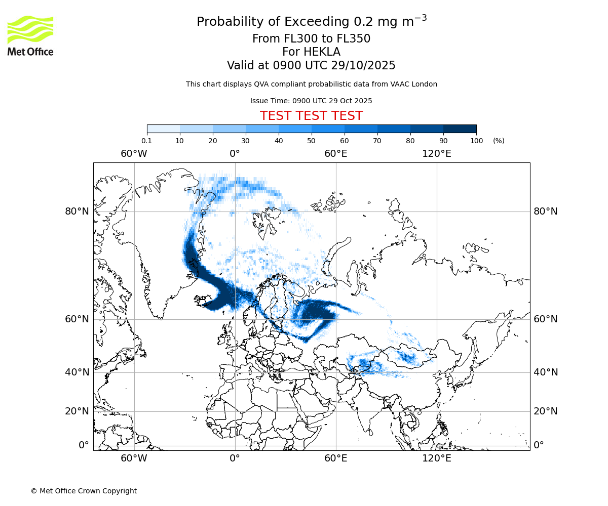 Probability of exceeding 0.2 milligrams per metre cubed. From 300 to 350 for HEKLA. Valid at 0900 UTC 29/10/2025