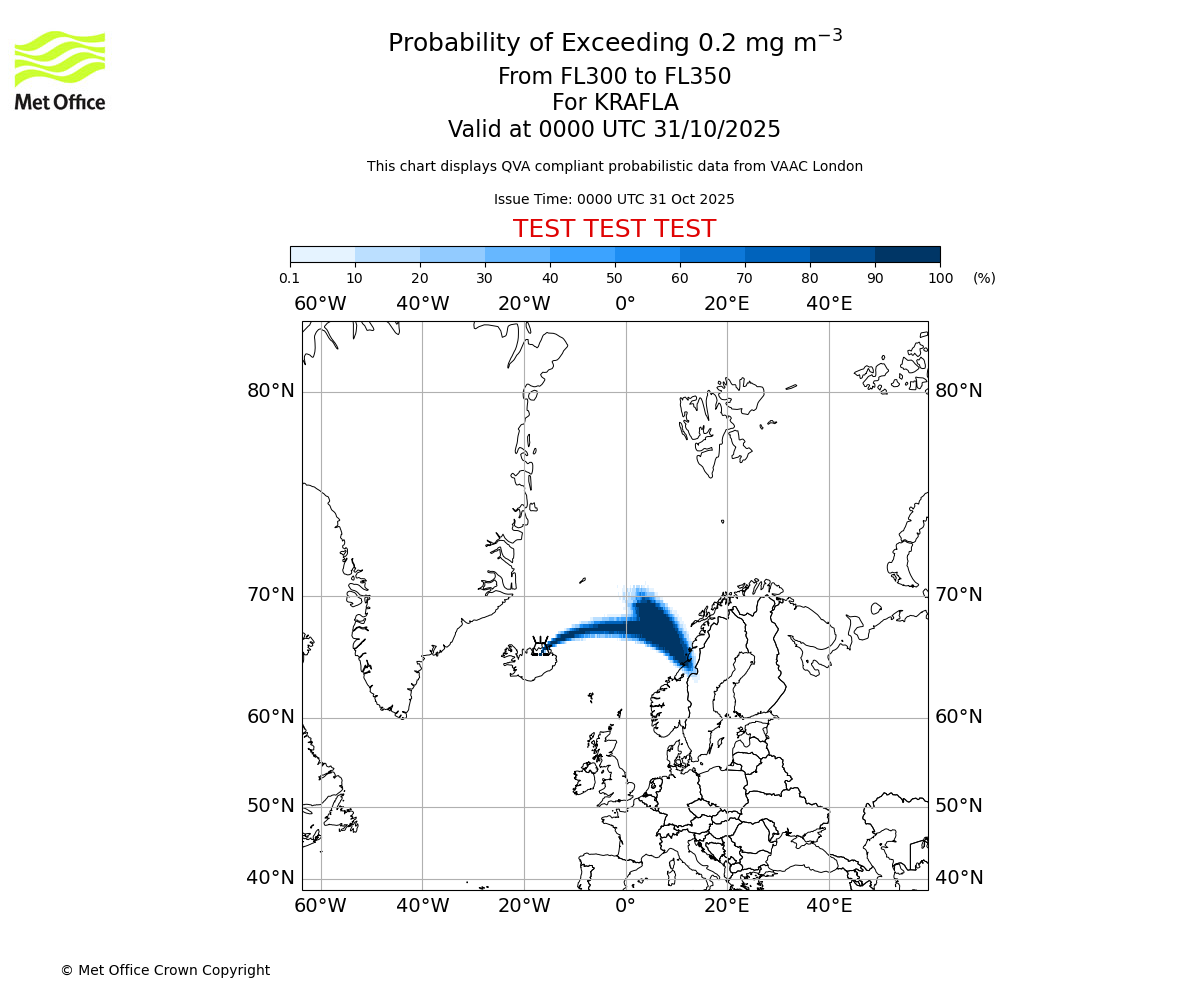 Probability of exceeding 0.2 milligrams per metre cubed. From 300 to 350 for KRAFLA. Valid at 0000 UTC 31/10/2025