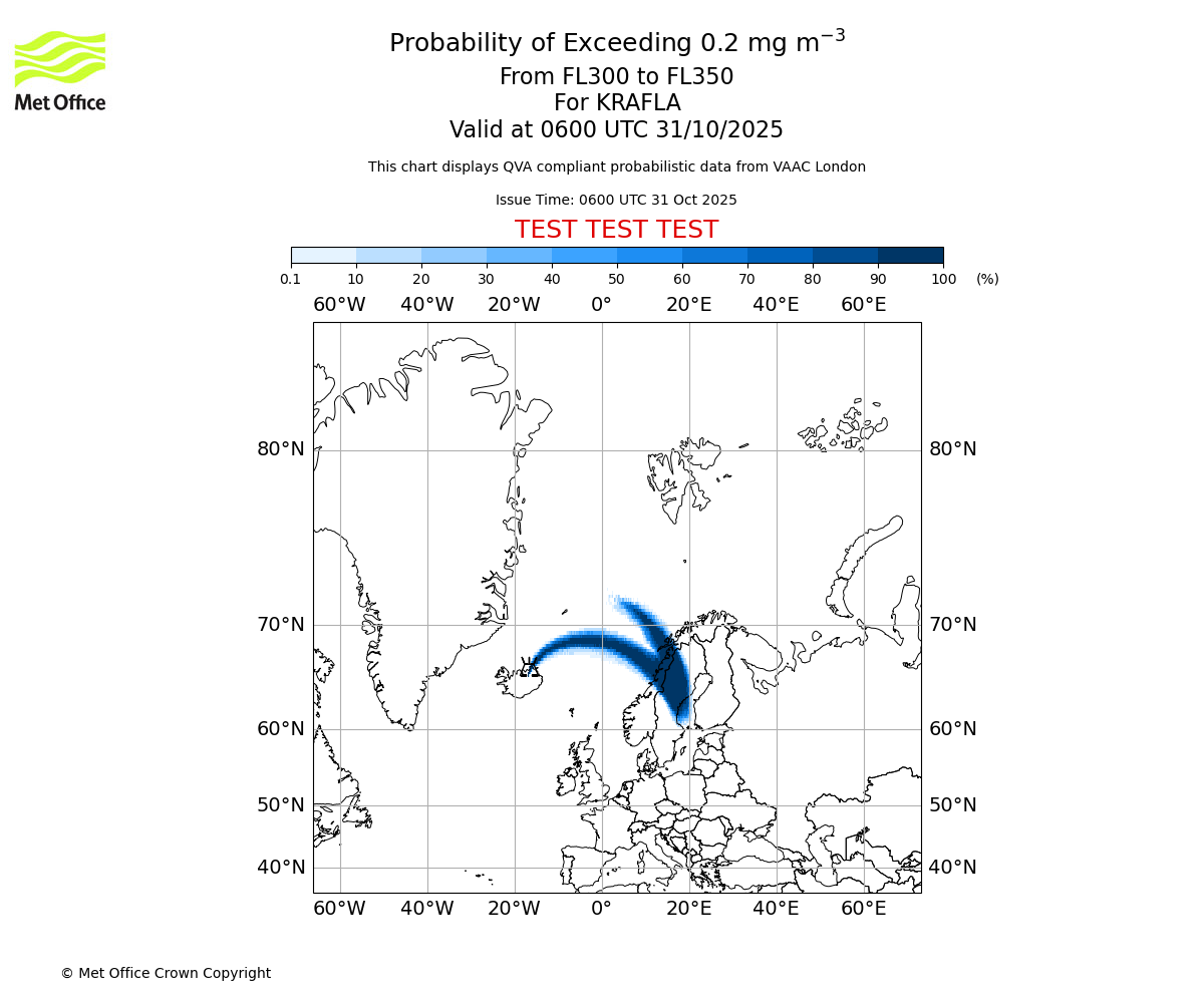 Probability of exceeding 0.2 milligrams per metre cubed. From 300 to 350 for KRAFLA. Valid at 0600 UTC 31/10/2025
