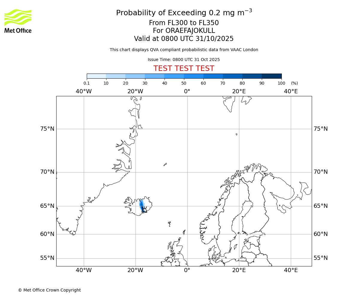 Probability of exceeding 0.2 milligrams per metre cubed. From 300 to 350 for ORAEFAJOKULL. Valid at 0800 UTC 31/10/2025