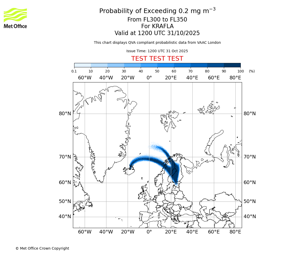 Probability of exceeding 0.2 milligrams per metre cubed. From 300 to 350 for KRAFLA. Valid at 1200 UTC 31/10/2025