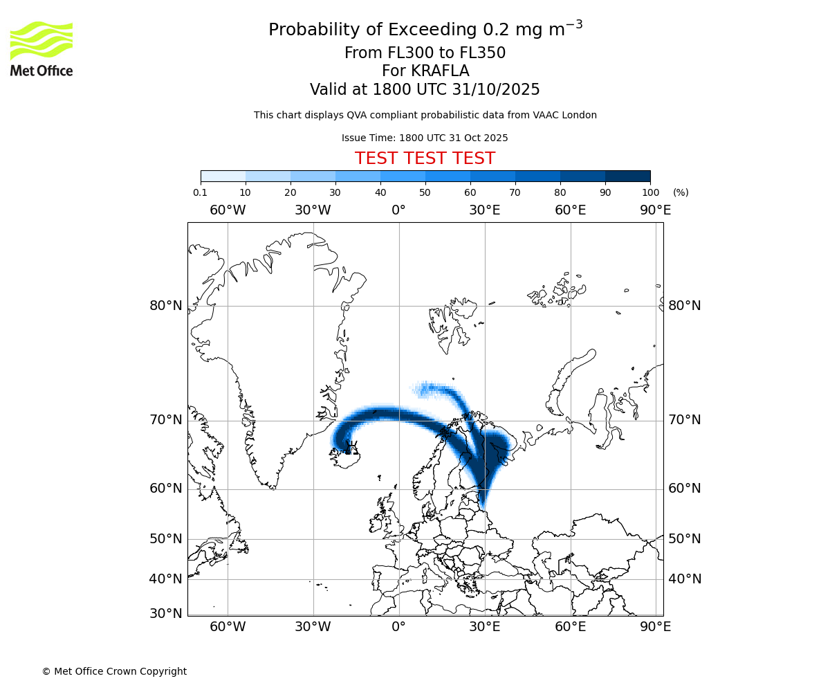 Probability of exceeding 0.2 milligrams per metre cubed. From 300 to 350 for KRAFLA. Valid at 1800 UTC 31/10/2025