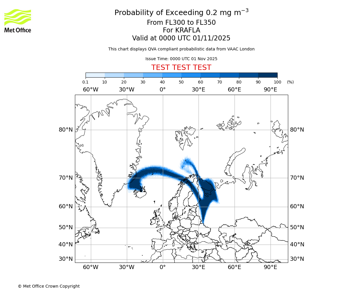 Probability of exceeding 0.2 milligrams per metre cubed. From 300 to 350 for KRAFLA. Valid at 0000 UTC 01/11/2025