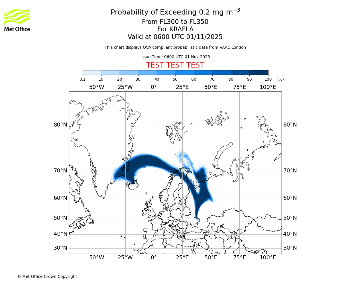 Probability of exceeding 0.2 milligrams per metre cubed. From 300 to 350 for KRAFLA. Valid at 0600 UTC 01/11/2025