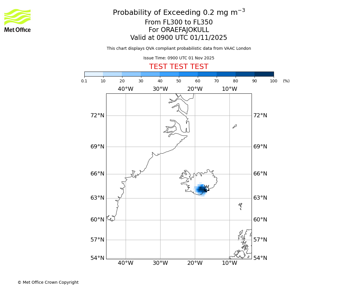 Probability of exceeding 0.2 milligrams per metre cubed. From 300 to 350 for ORAEFAJOKULL. Valid at 0900 UTC 01/11/2025