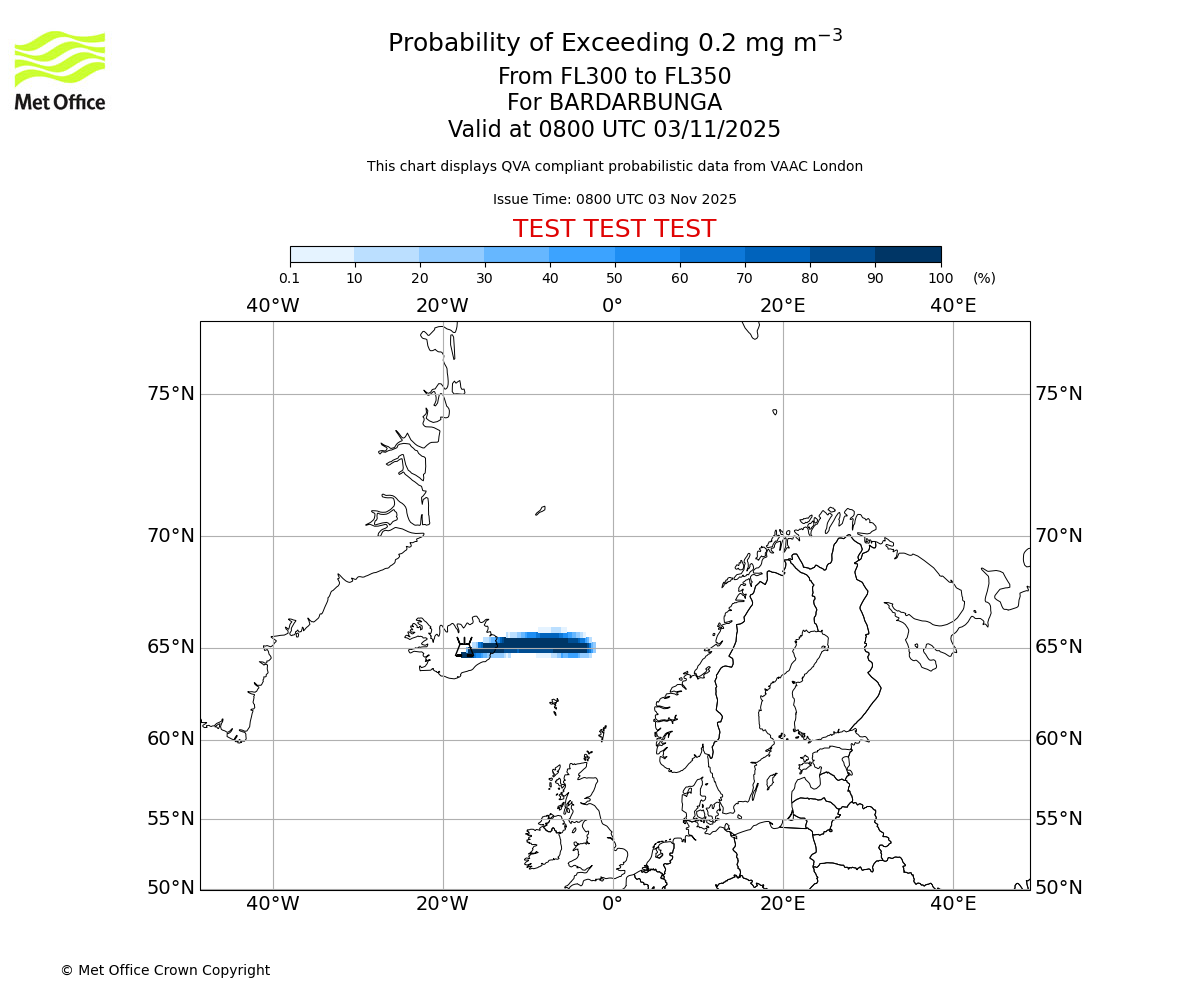 Probability of exceeding 0.2 milligrams per metre cubed. From 300 to 350 for BARDARBUNGA. Valid at 0800 UTC 03/11/2025