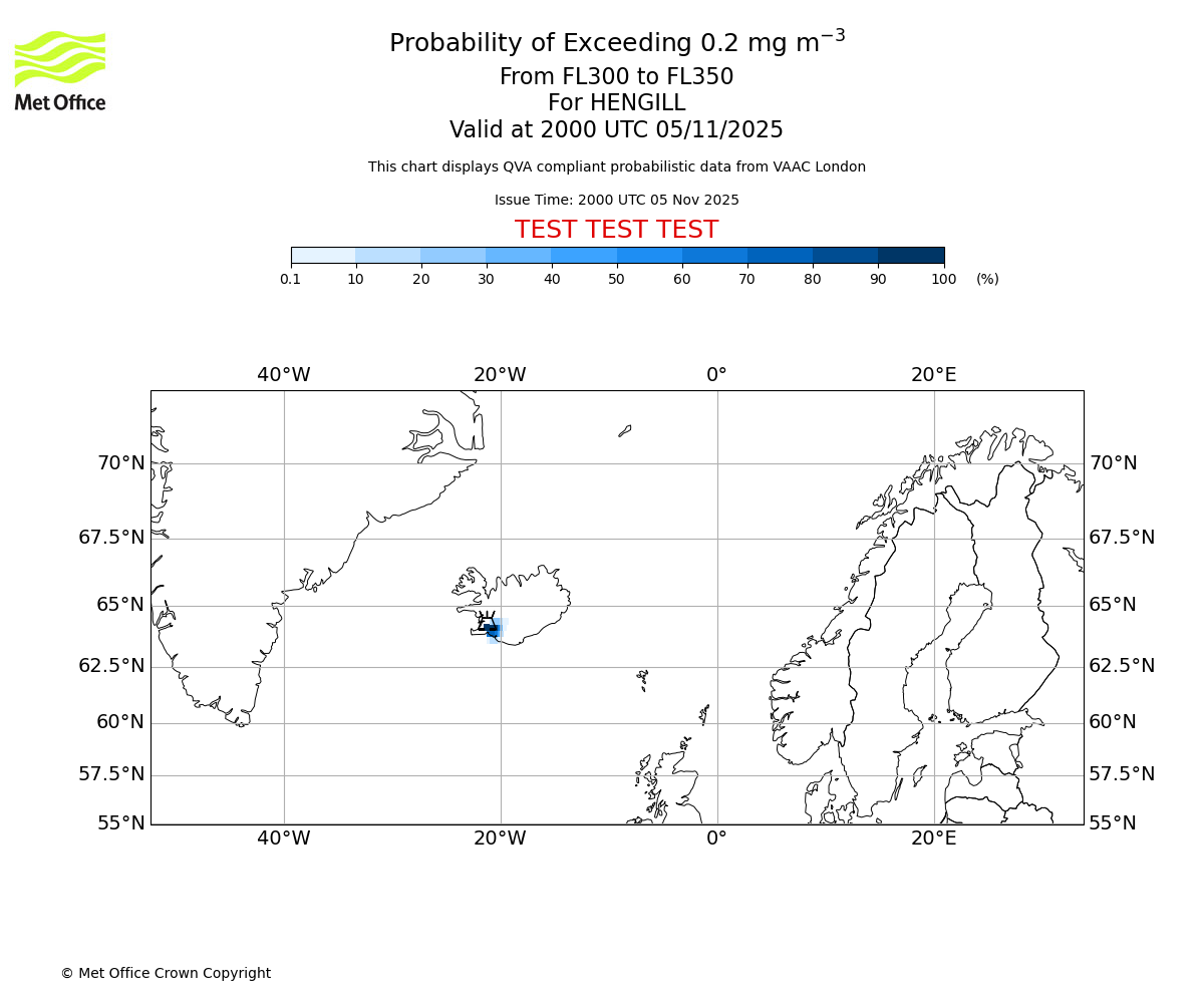 Probability of exceeding 0.2 milligrams per metre cubed. From 300 to 350 for HENGILL. Valid at 2000 UTC 05/11/2025