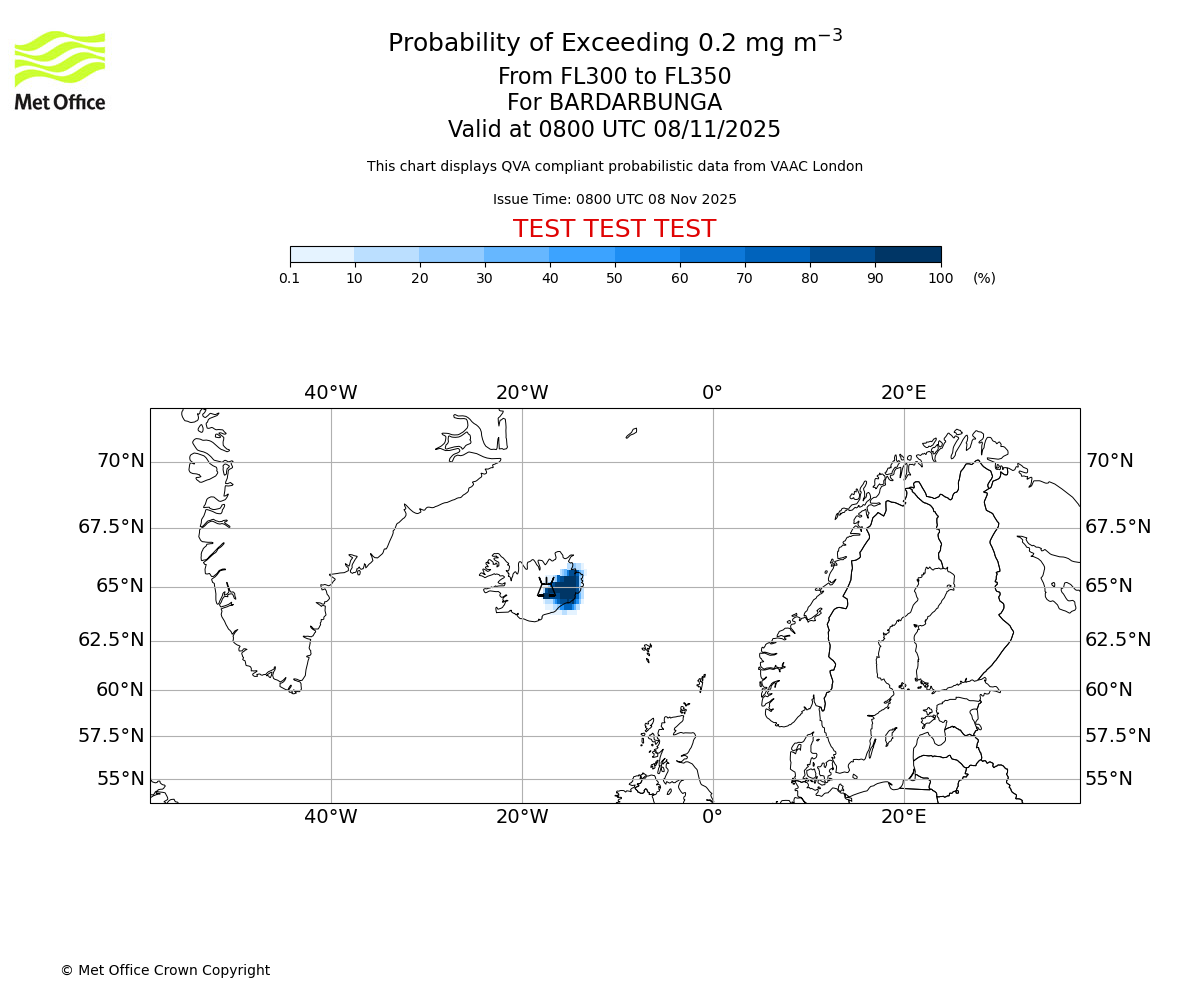 Probability of exceeding 0.2 milligrams per metre cubed. From 300 to 350 for BARDARBUNGA. Valid at 0800 UTC 08/11/2025