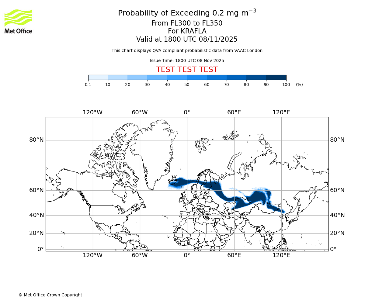 Probability of exceeding 0.2 milligrams per metre cubed. From 300 to 350 for KRAFLA. Valid at 1800 UTC 08/11/2025