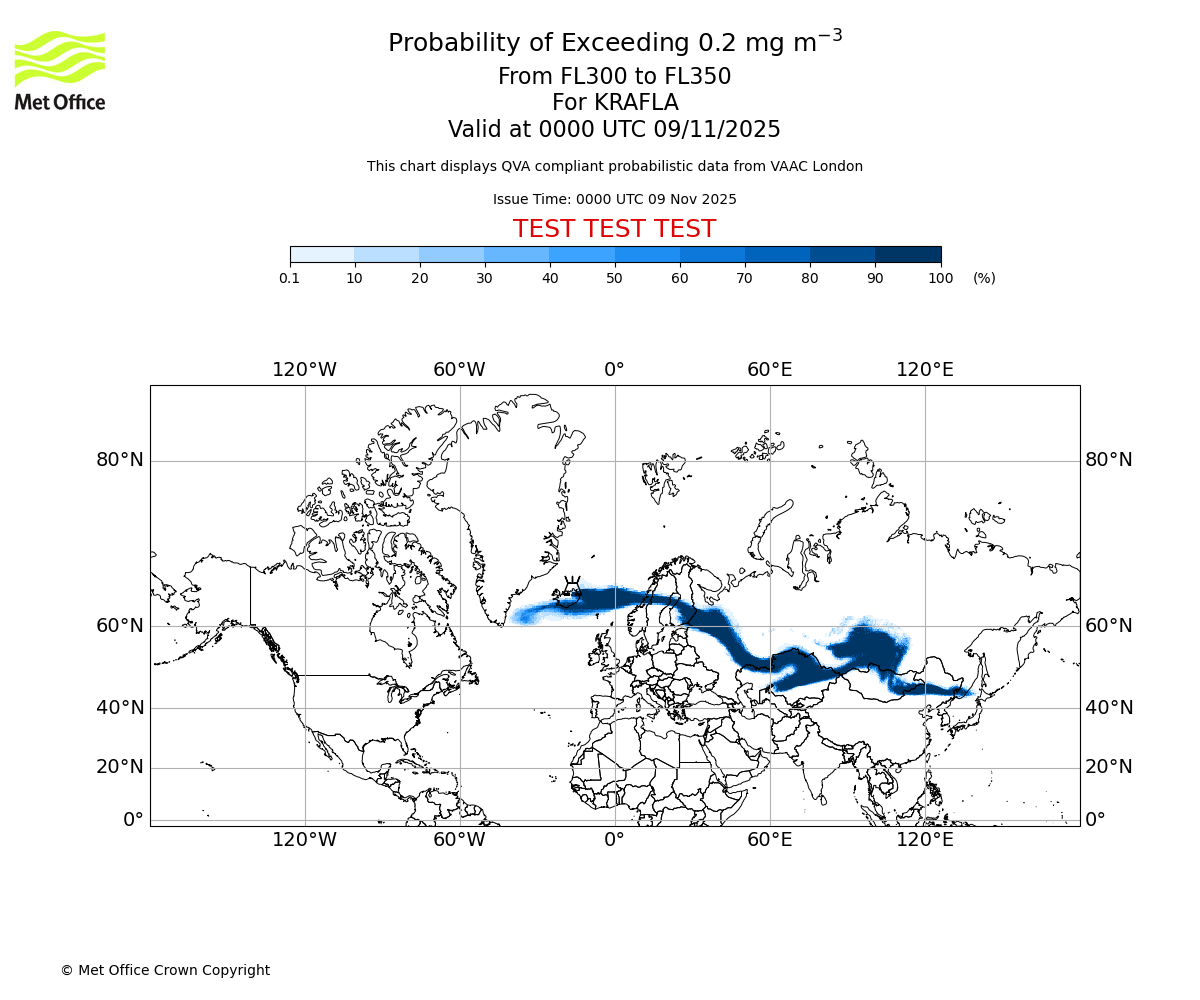 Probability of exceeding 0.2 milligrams per metre cubed. From 300 to 350 for KRAFLA. Valid at 0000 UTC 09/11/2025