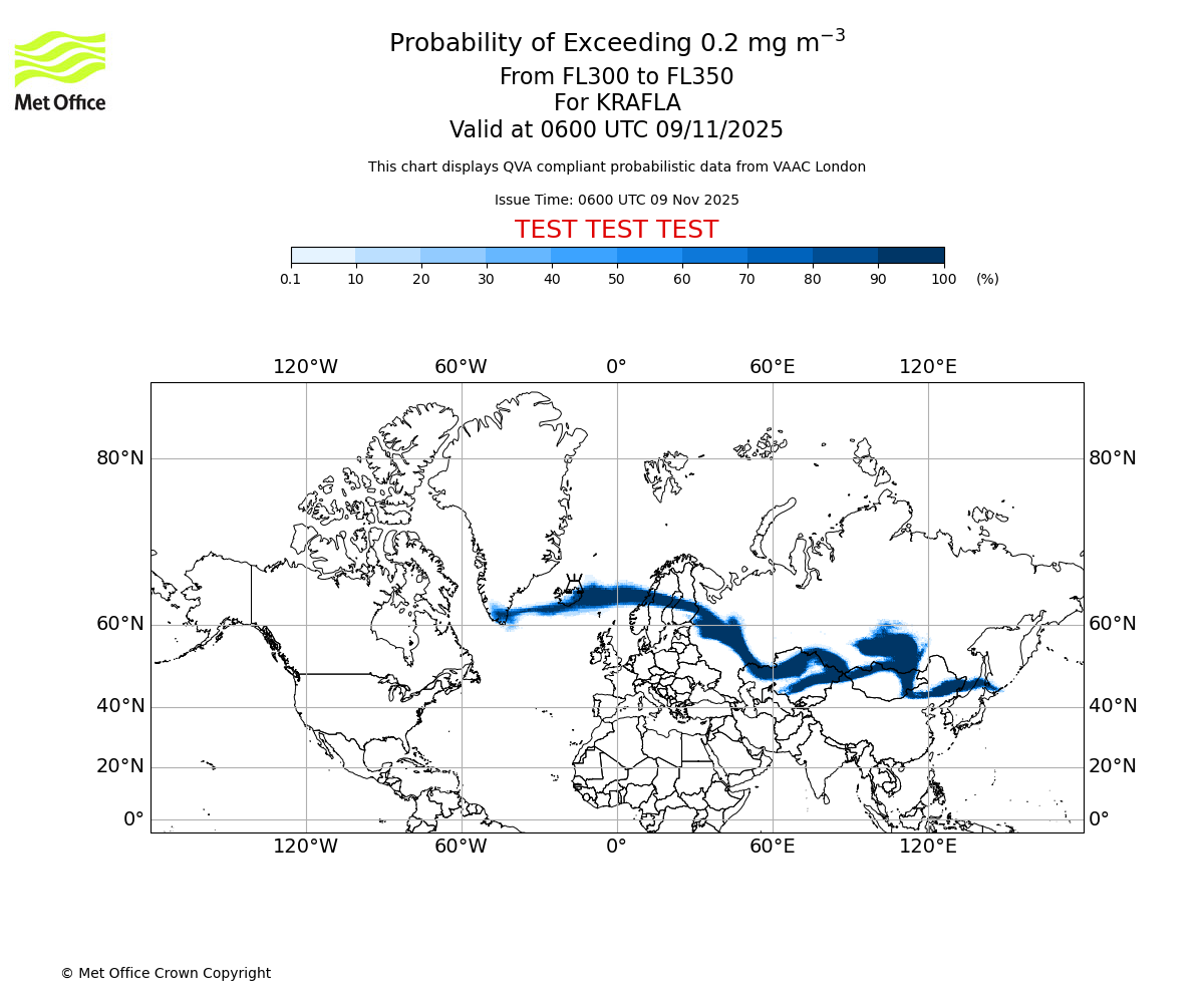 Probability of exceeding 0.2 milligrams per metre cubed. From 300 to 350 for KRAFLA. Valid at 0600 UTC 09/11/2025