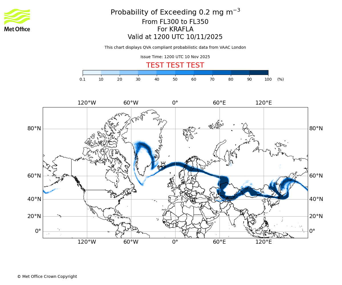 Probability of exceeding 0.2 milligrams per metre cubed. From 300 to 350 for KRAFLA. Valid at 1200 UTC 10/11/2025