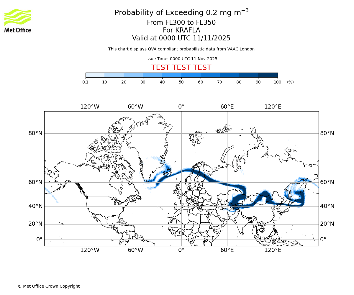 Probability of exceeding 0.2 milligrams per metre cubed. From 300 to 350 for KRAFLA. Valid at 0000 UTC 11/11/2025