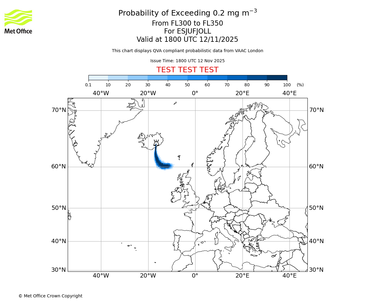Probability of exceeding 0.2 milligrams per metre cubed. From 300 to 350 for ESJUFJOLL. Valid at 1800 UTC 12/11/2025