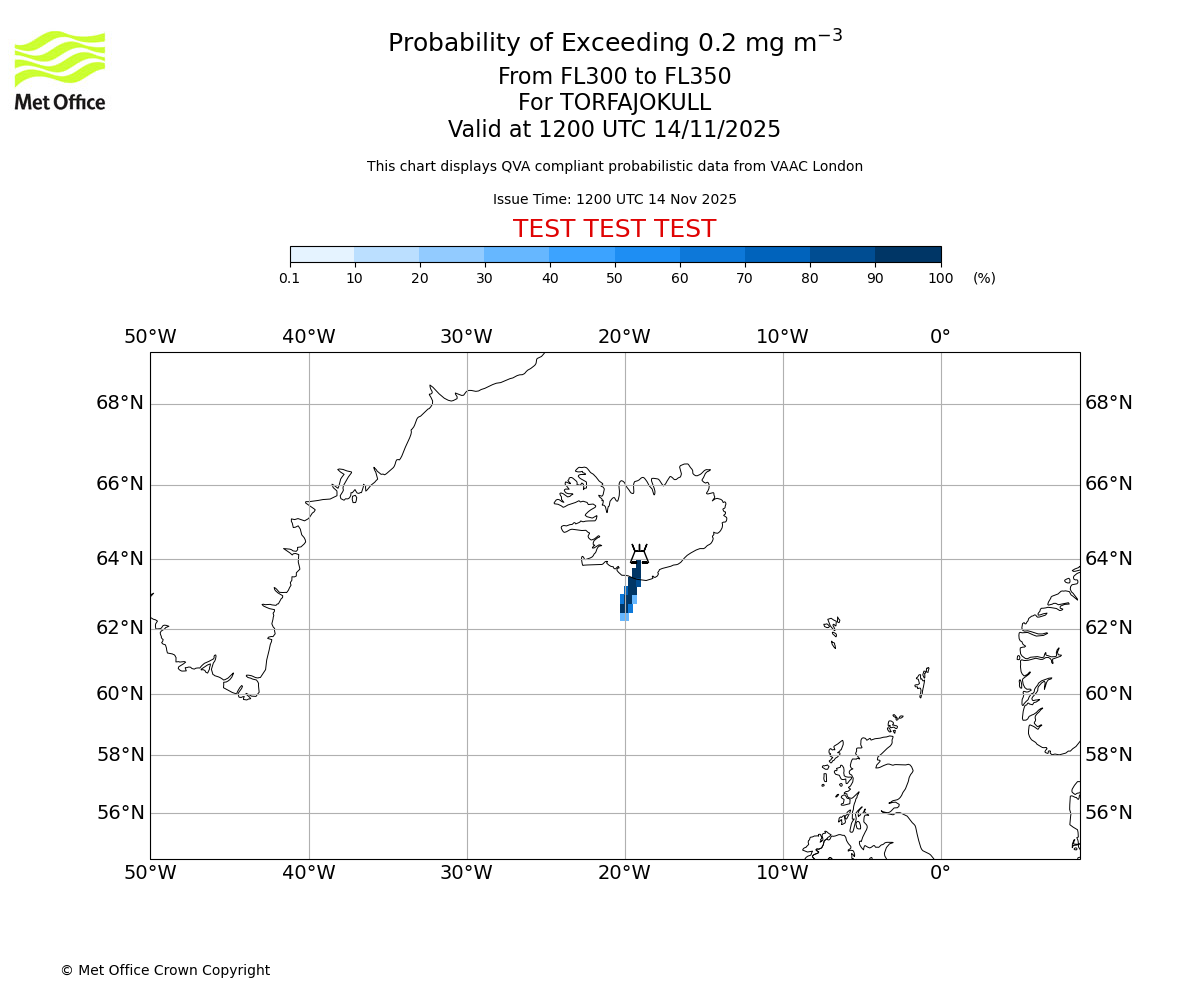 Probability of exceeding 0.2 milligrams per metre cubed. From 300 to 350 for TORFAJOKULL. Valid at 1200 UTC 14/11/2025