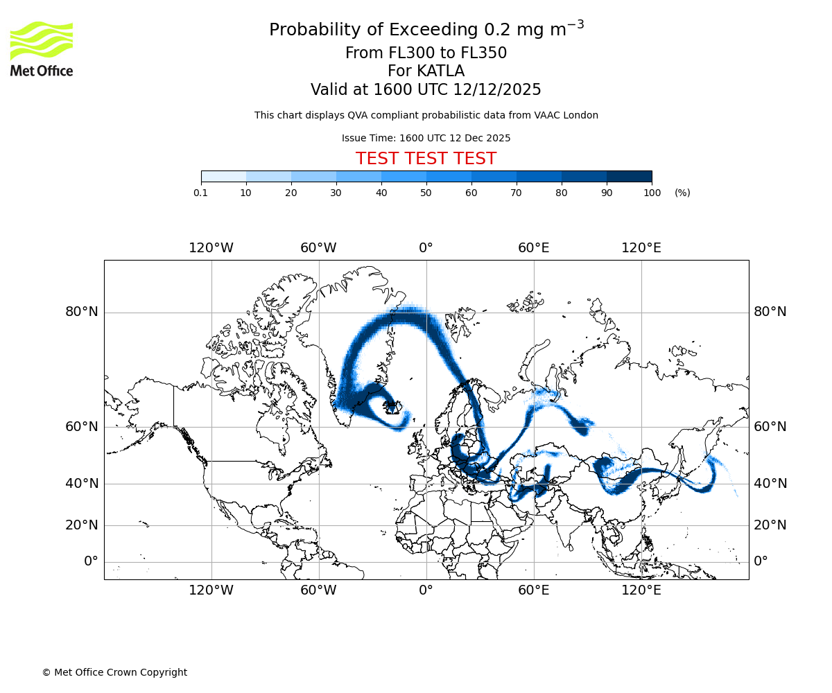 Probability of exceeding 0.2 milligrams per metre cubed. From 300 to 350 for KATLA. Valid at 1600 UTC 12/12/2025