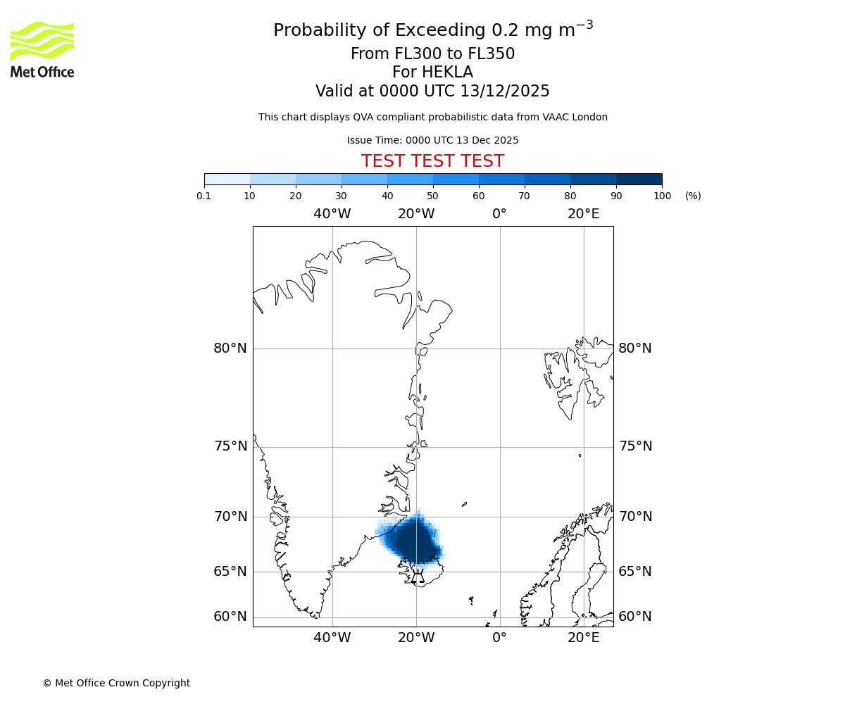 Probability of exceeding 0.2 milligrams per metre cubed. From 300 to 350 for HEKLA. Valid at 0000 UTC 13/12/2025