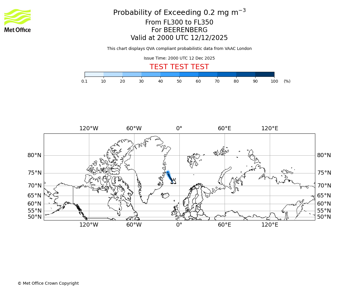 Probability of exceeding 0.2 milligrams per metre cubed. From 300 to 350 for BEERENBERG. Valid at 2000 UTC 12/12/2025