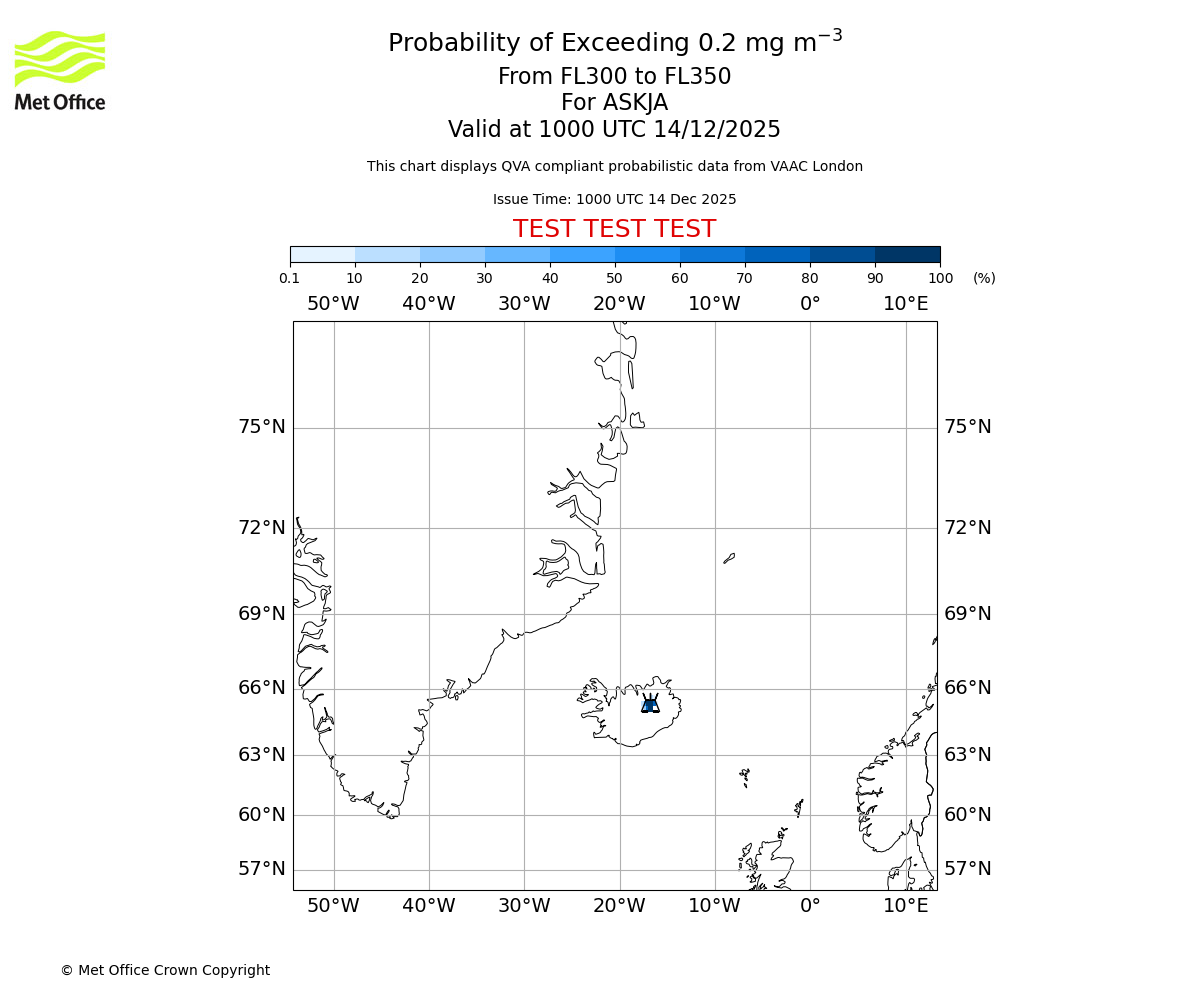 Probability of exceeding 0.2 milligrams per metre cubed. From 300 to 350 for ASKJA. Valid at 1000 UTC 14/12/2025