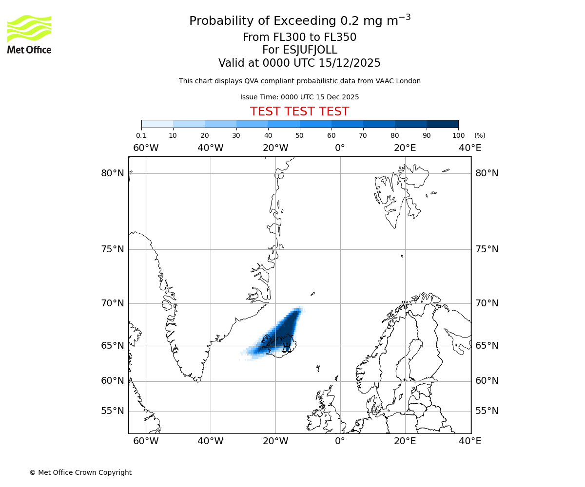 Probability of exceeding 0.2 milligrams per metre cubed. From 300 to 350 for ESJUFJOLL. Valid at 0000 UTC 15/12/2025