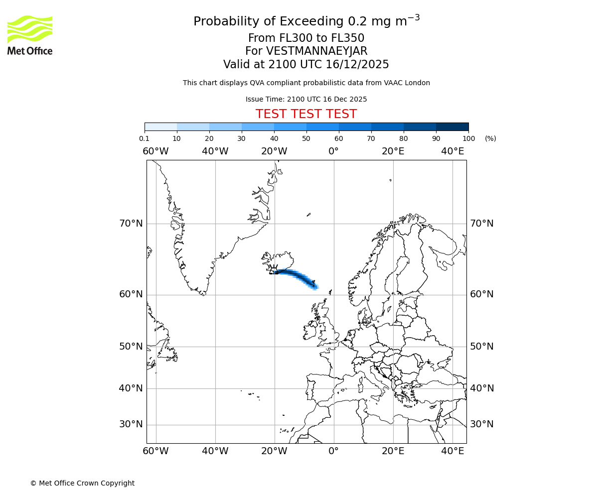 Probability of exceeding 0.2 milligrams per metre cubed. From 300 to 350 for VESTMANNAEYJAR. Valid at 2100 UTC 16/12/2025
