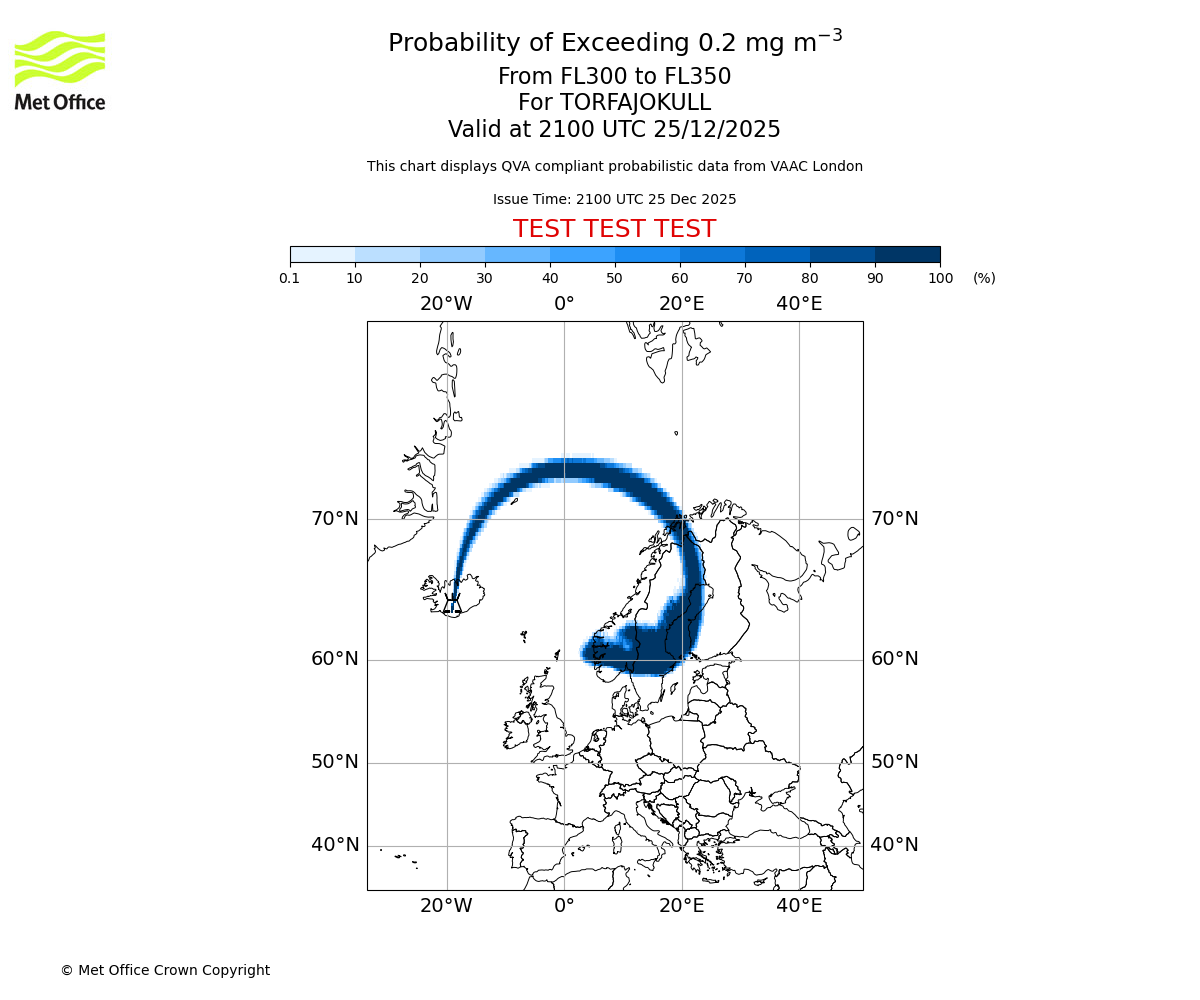 Probability of exceeding 0.2 milligrams per metre cubed. From 300 to 350 for TORFAJOKULL. Valid at 2100 UTC 25/12/2025
