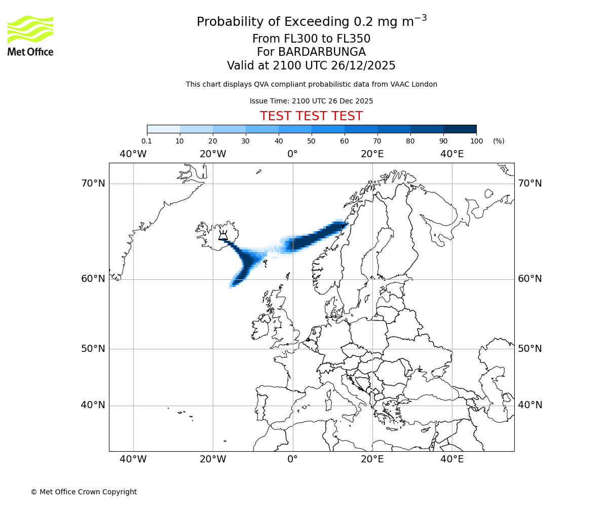 Probability of exceeding 0.2 milligrams per metre cubed. From 300 to 350 for BARDARBUNGA. Valid at 2100 UTC 26/12/2025